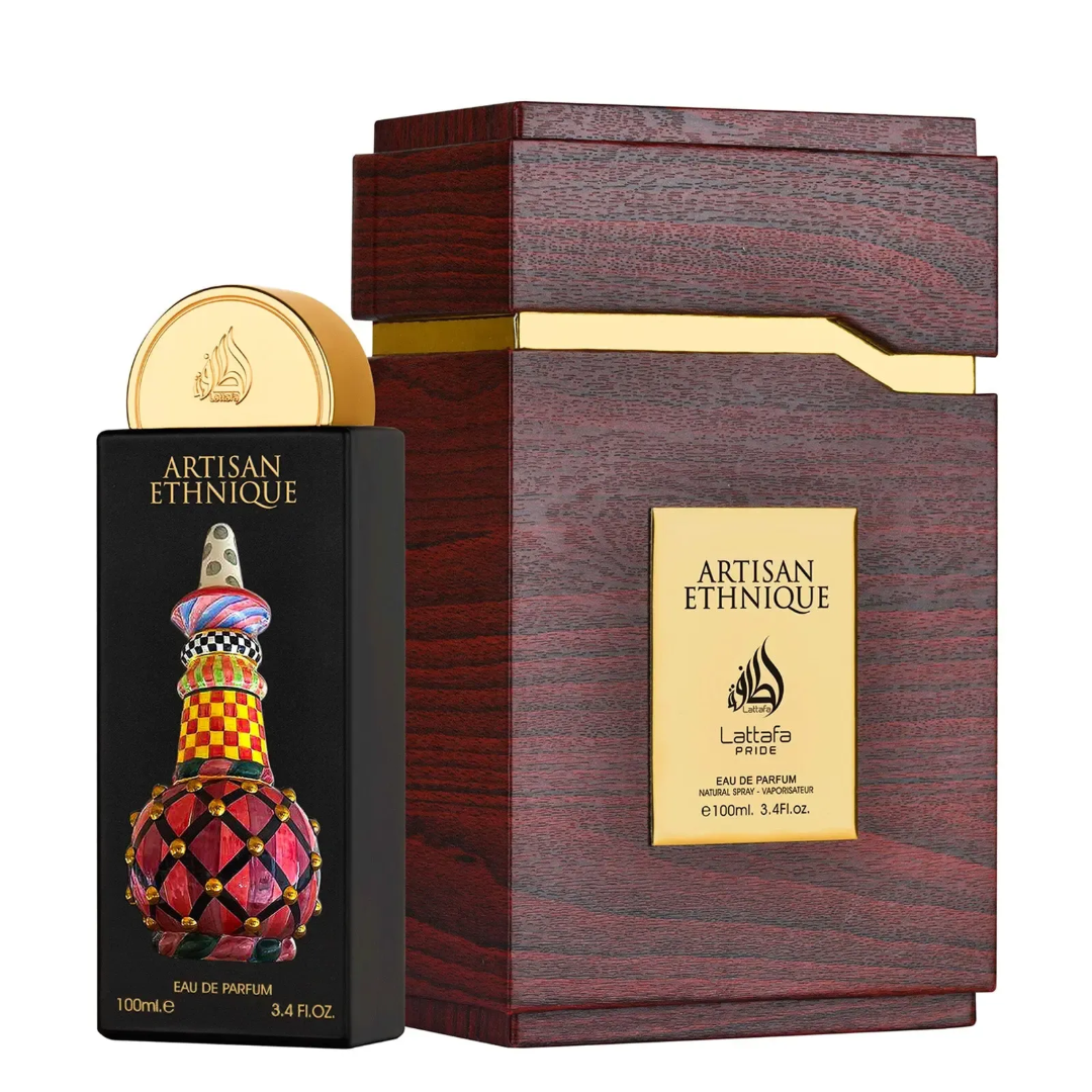 Artisan Ethnique Lattafa Pride edp perfume kotak kayu hitam, botol kaca berwarna