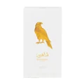 Shaheen Gold Lattafa Pride perfume packaging white background golden eagle illustration closeup front