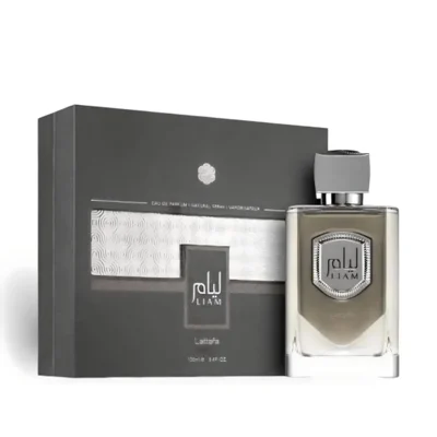 Liam Grey Lattafa edp perfume bottle and box half open white table