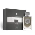 Liam Grey Lattafa edp perfume bottle and box half open white table