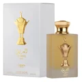 Al Areeq Gold Lattafa Pride edp perfume bottle next white packaging closeup side angle