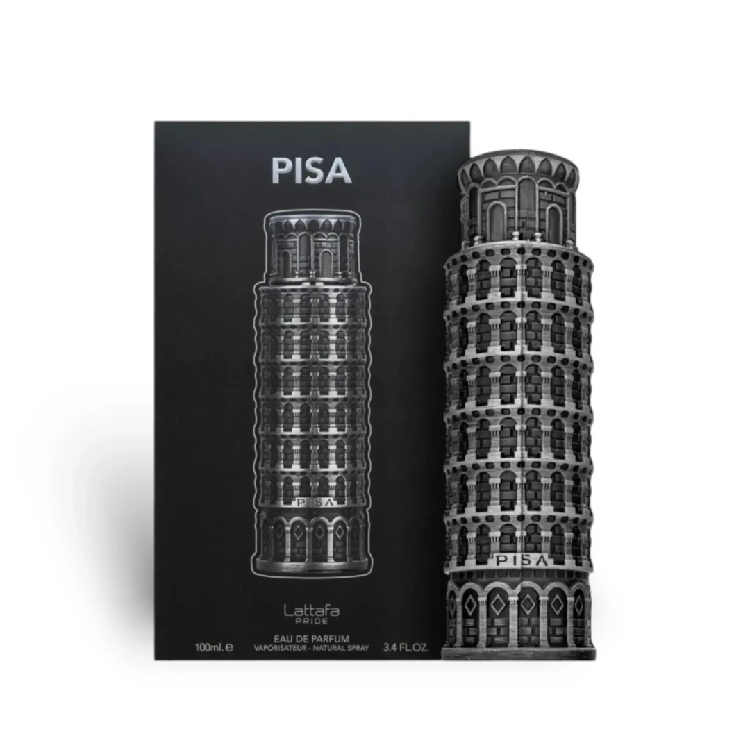 Pisa Lattafa Pride edp black packaging showing tower design side view