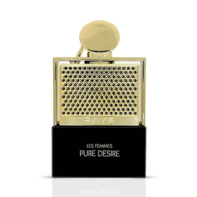 Rave Pure Desire Gold edp dalam botol hitam, penutup emas segi empat