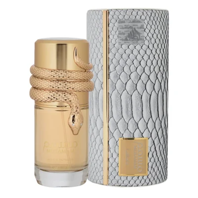 Musamam Intense Lattafa perfume bottle wrapped gold snake grey packaging tube white