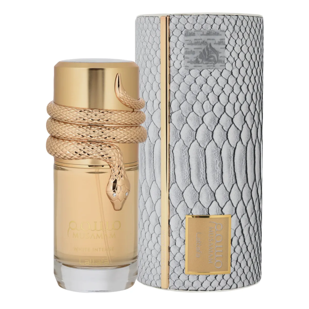 Musamam Intense Lattafa perfume bottle wrapped gold snake grey packaging tube white