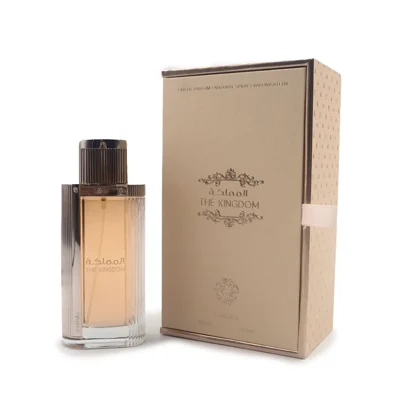 Lattafa The Kingdom Women edp glass bottle with beige box and elegant label white clean