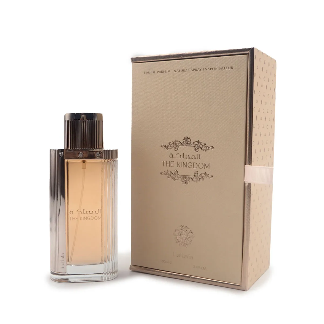 Lattafa The Kingdom Women edp glass bottle with beige box and elegant label white clean