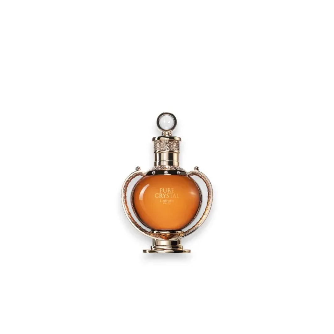 Lattafa Pride Pure Crystal edp perfume bottle on white background closeup view from front side