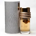 Musamam Intense Lattafa gold fragrance cylindrical snakeskin case white background closeup