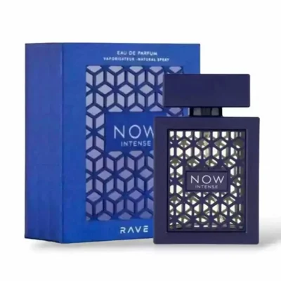 Now Intense Rave edp pembungkusan biru latar belakang putih dekat pandangan depan