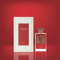 Lattafa Pride Sapphire Royal edp perfume bottle on red background next white packaging box closeup view front angle side by side