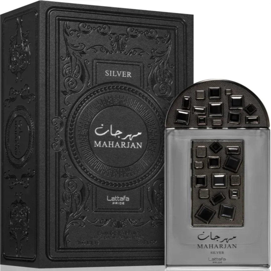 Maharjan Silver Lattafa Pride edp perfume bottle black box white background closeup side