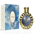 Victoria Lattafa golden perfume blue marble effect round glass surrounded packaging white background closeup