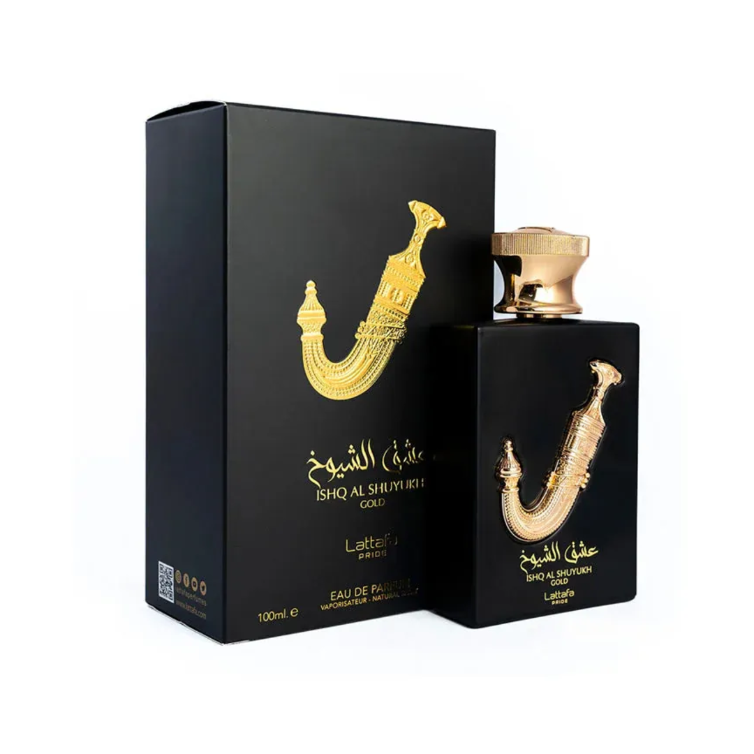 Ishq Al Shuyukh Gold Lattafa Pride edp black packaging white background side angle