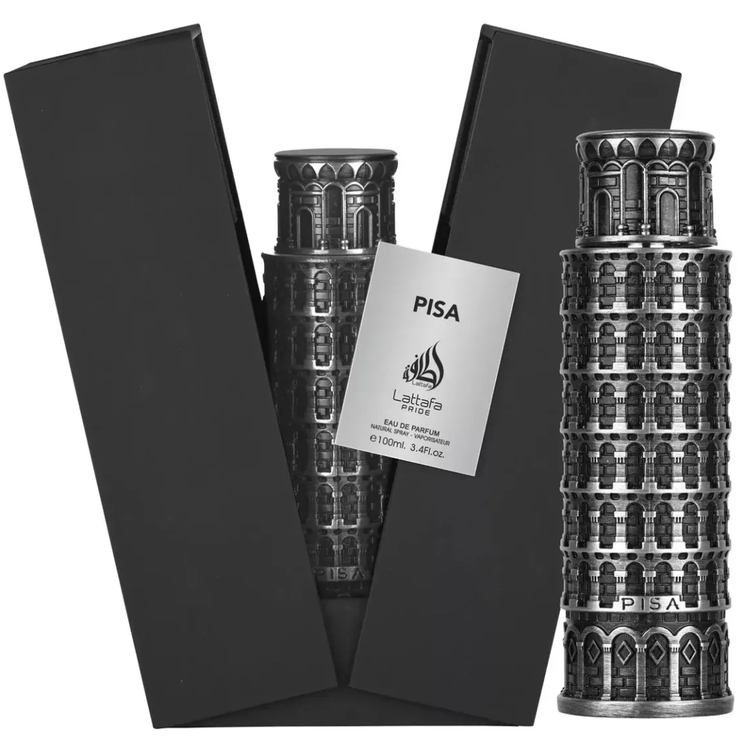 Pisa Lattafa Pride edp unique leaning tower shaped silver metal packaging