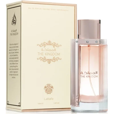 Lattafa The Kingdom Women perfume glass bottle with beige box and rose gold cap side left front white clean