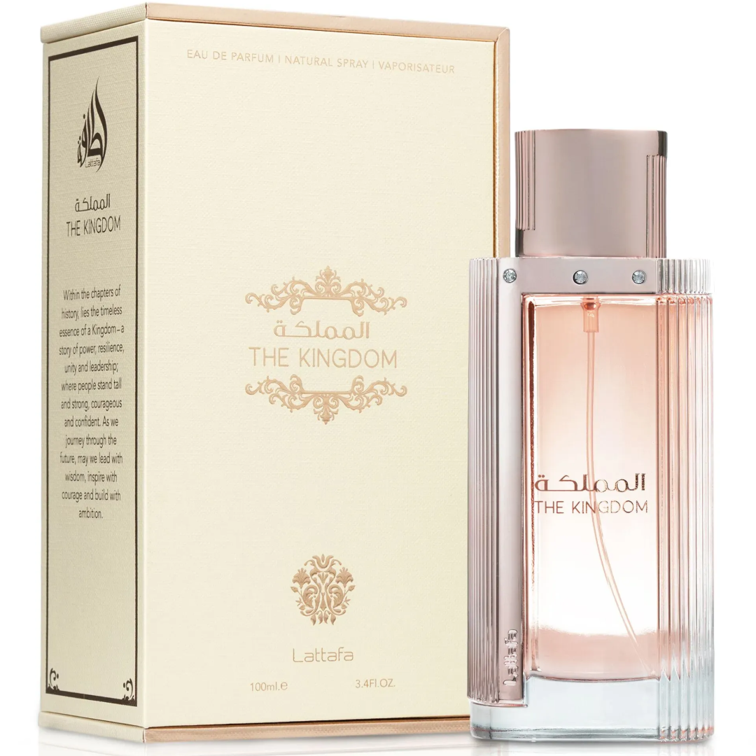 Lattafa The Kingdom Women perfume glass bottle with beige box and rose gold cap side left front white clean