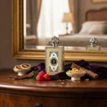 King of Arabia Lattafa Pride edp on dresser surrounded fruit spices purple cloth mirror