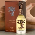 Eternal Oud Lattafa Pride perfume bottle wooden background brown packaging tree cap
