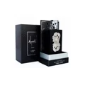 Ansaam Silver Lattafa Pride edp black packaging white background closeup side view