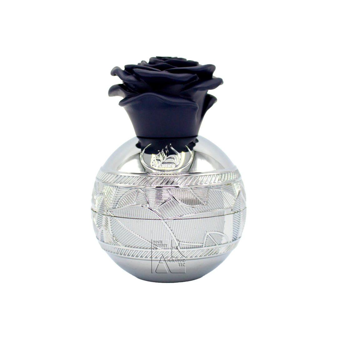 Lattafa Pride Thouq edp silver round glass fragrance sprayer bottle with black rose on top
