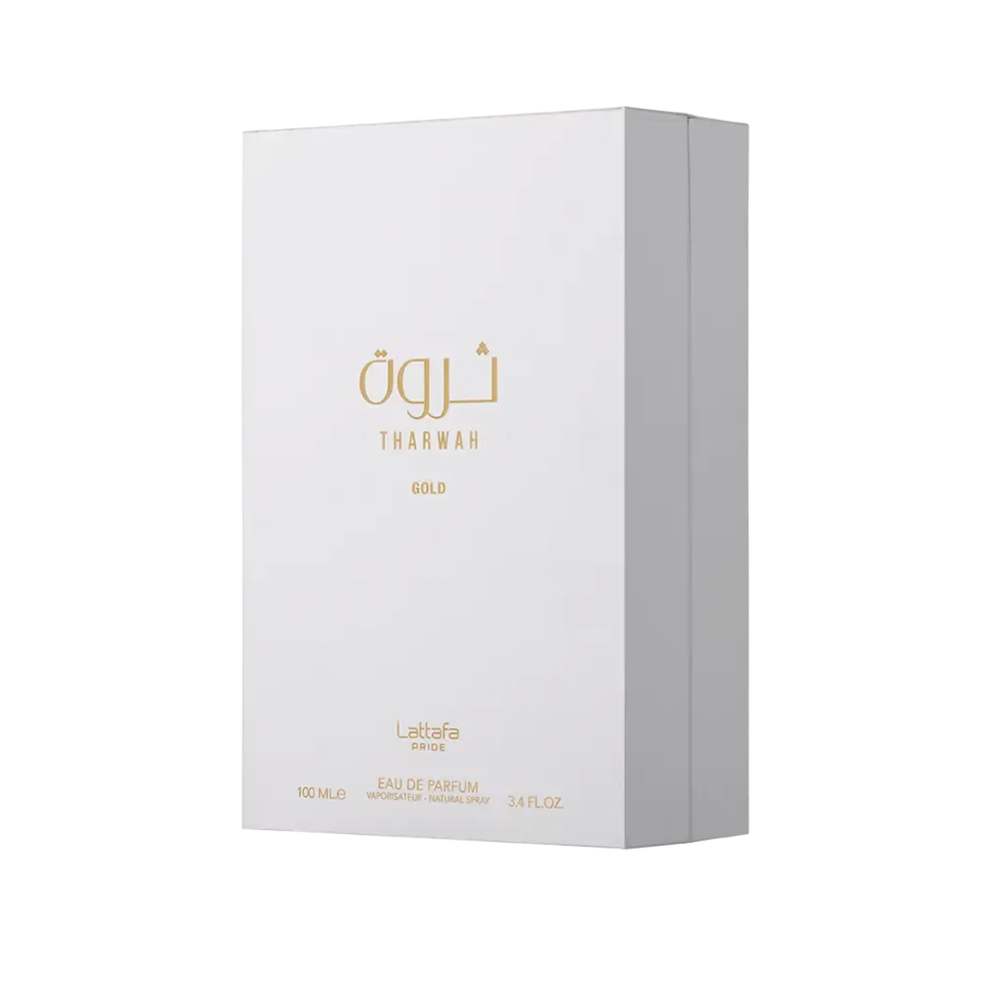 Tharwah Gold Lattafa Pride edp packaging white angled slightly right showing details clearly