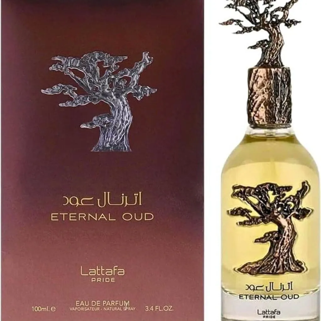 Eternal Oud Lattafa Pride fragrance elegant glass yellow liquid tree cap closeup side