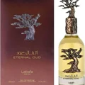Eternal Oud Lattafa Pride fragrance elegant glass yellow liquid tree cap closeup side
