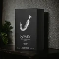 Ishq Al Shuyukh Silver Lattafa Pride edp black packaging wooden table shelf closeup