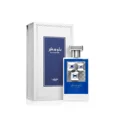 Lattafa Pride Sapphire Blue edp perfume bottle in white packaging on plain background closeup view front angle side view