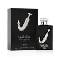 Ishq Al Shuyukh Silver Lattafa Pride edp sleek black packaging closeup front angle