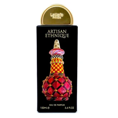 Artisan Ethnique Lattafa Pride edp perfume botol hitam, penutup emas, sudut sisi