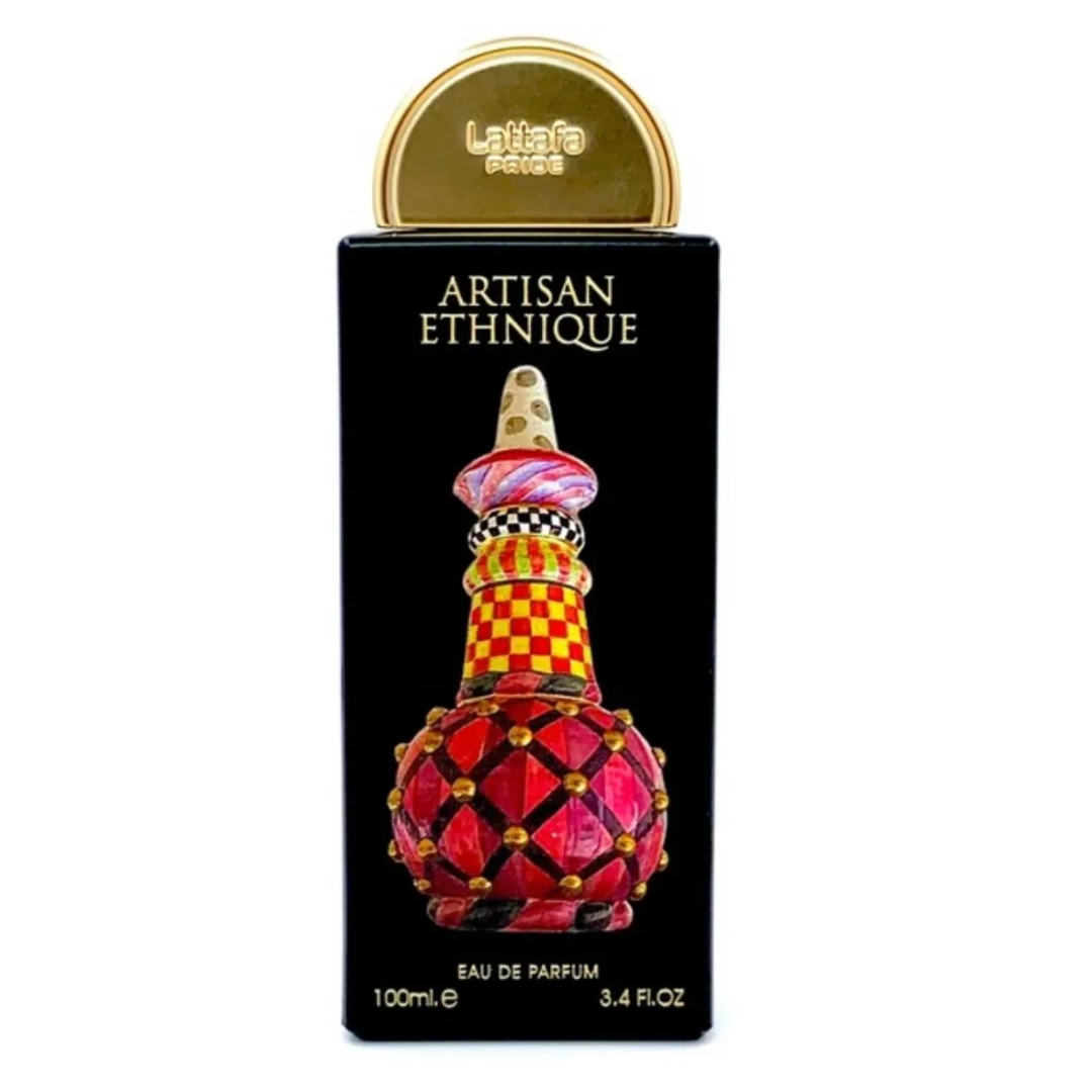 Artisan Ethnique Lattafa Pride edp perfume bottle black packaging gold cap front side angle