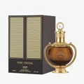 Lattafa Pride Pure Crystal edp perfume bottle in gold beside black packaging on white background closeup side