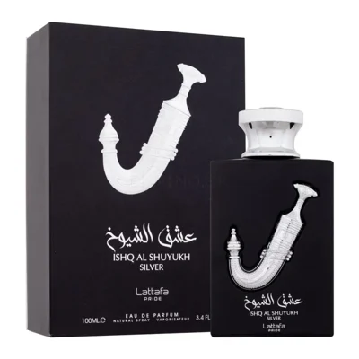 Ishq Al Shuyukh Silver Lattafa Pride EDP botol hitam sleek dekat depan