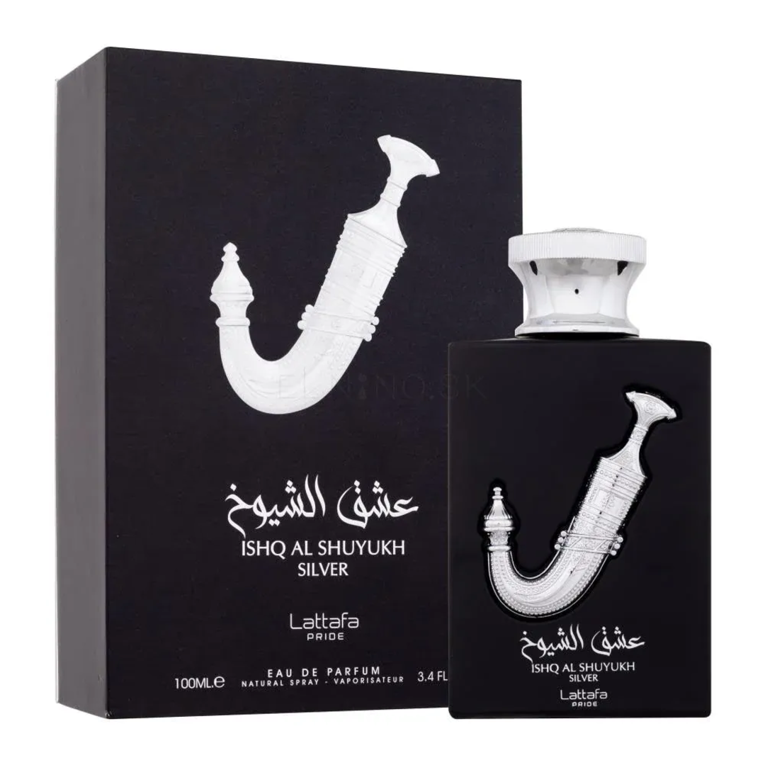 Ishq Al Shuyukh Silver Lattafa Pride edp sleek black packaging closeup front angle