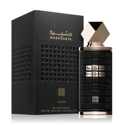 Mashrabya Lattafa edp black stylish packaging white background closeup side view