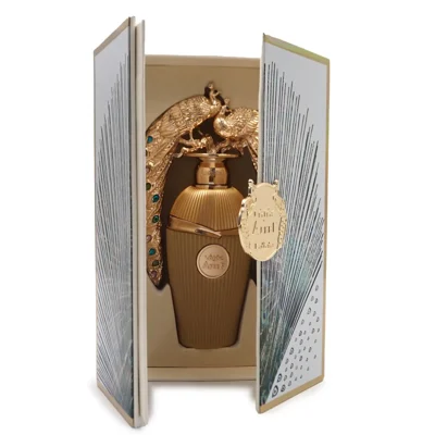 Afeef Lattafa edp gold packaging white background side front view