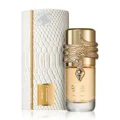Musamam Intense Lattafa gold fragrance white packaging plain background closeup side angle