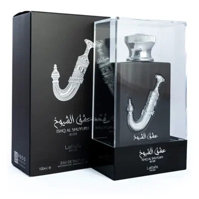 Ishq Al Shuyukh Silver edp perfume botol, latar putih, tutup perak