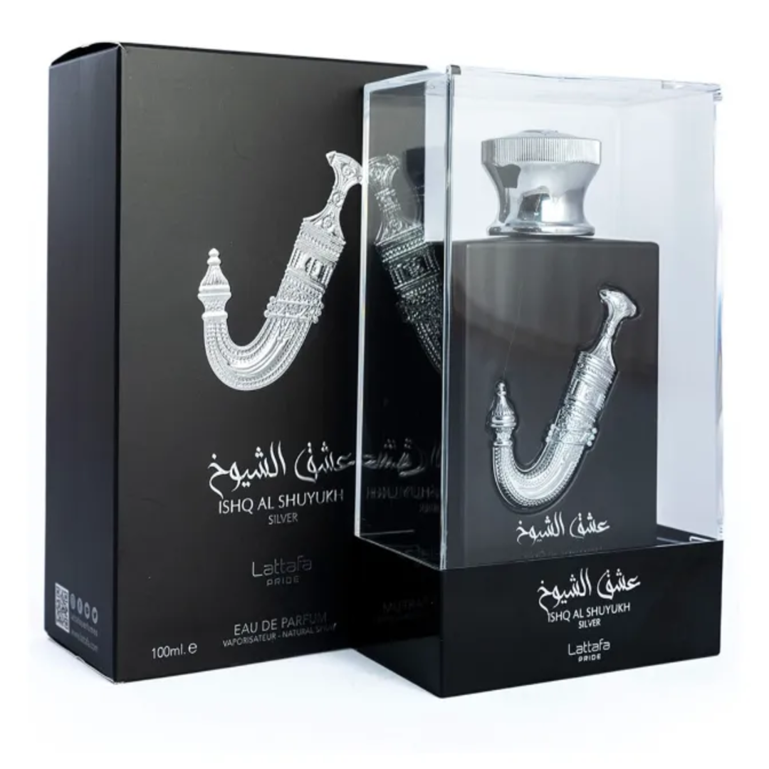 Ishq Al Shuyukh Silver Lattafa Pride edp perfume bottle black box white background silver cap