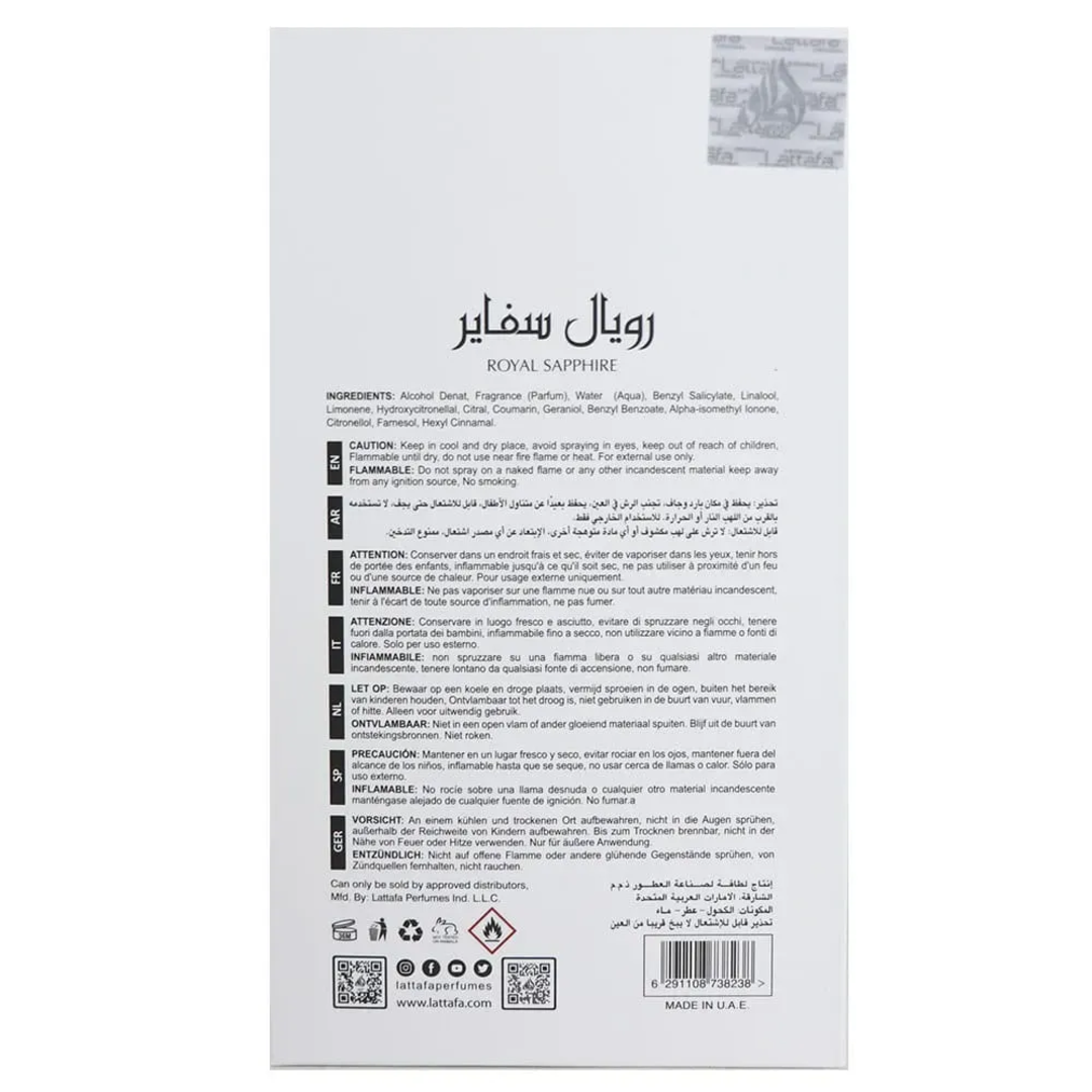 Lattafa Pride Sapphire Royal edp perfume packaging back view in grey tone colour background closeup