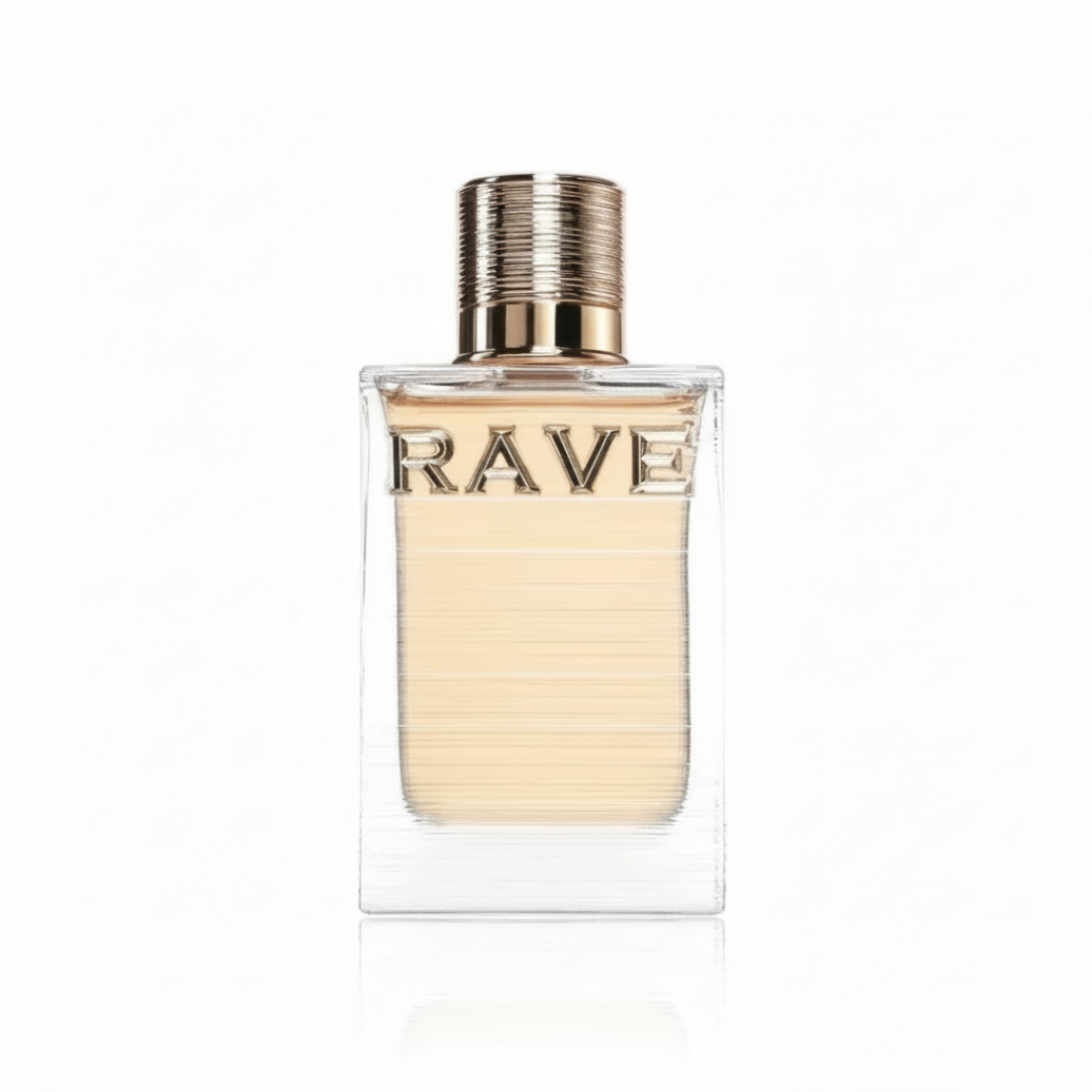 Au Soleil Rave edp clear rectangular glass bottles white background closeup