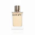 Au Soleil Rave edp clear rectangular glass bottles white background closeup