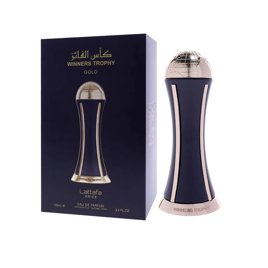 Lattafa Pride Al Khas Winners Trophy Gold 100ml — A dark blue box with gold text and a matching dark blue and gold globe-topped perfume bottle, displayed against a white background. | Lattafa Pride Al Khas Winners Trophy Gold 100ml — Kotak biru gelap dengan teks emas dan botol minyak wangi bertopi dunia biru gelap dan