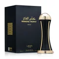 Lattafa Pride Al Khas Winners Trophy Gold 100ml — A dark blue box with gold text and a matching dark blue and gold globe-topped perfume bottle, displayed against a white background. | Lattafa Pride Al Khas Winners Trophy Gold 100ml — Kotak biru gelap dengan teks emas dan botol minyak wangi bertopi dunia biru gelap dan