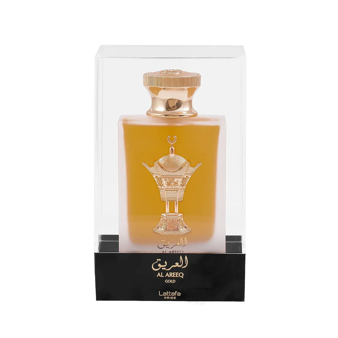 Al Areeq Gold Lattafa Pride edp perfume bottle in packaging white background side view
