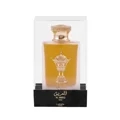 Al Areeq Gold Lattafa Pride edp perfume bottle in packaging white background side view