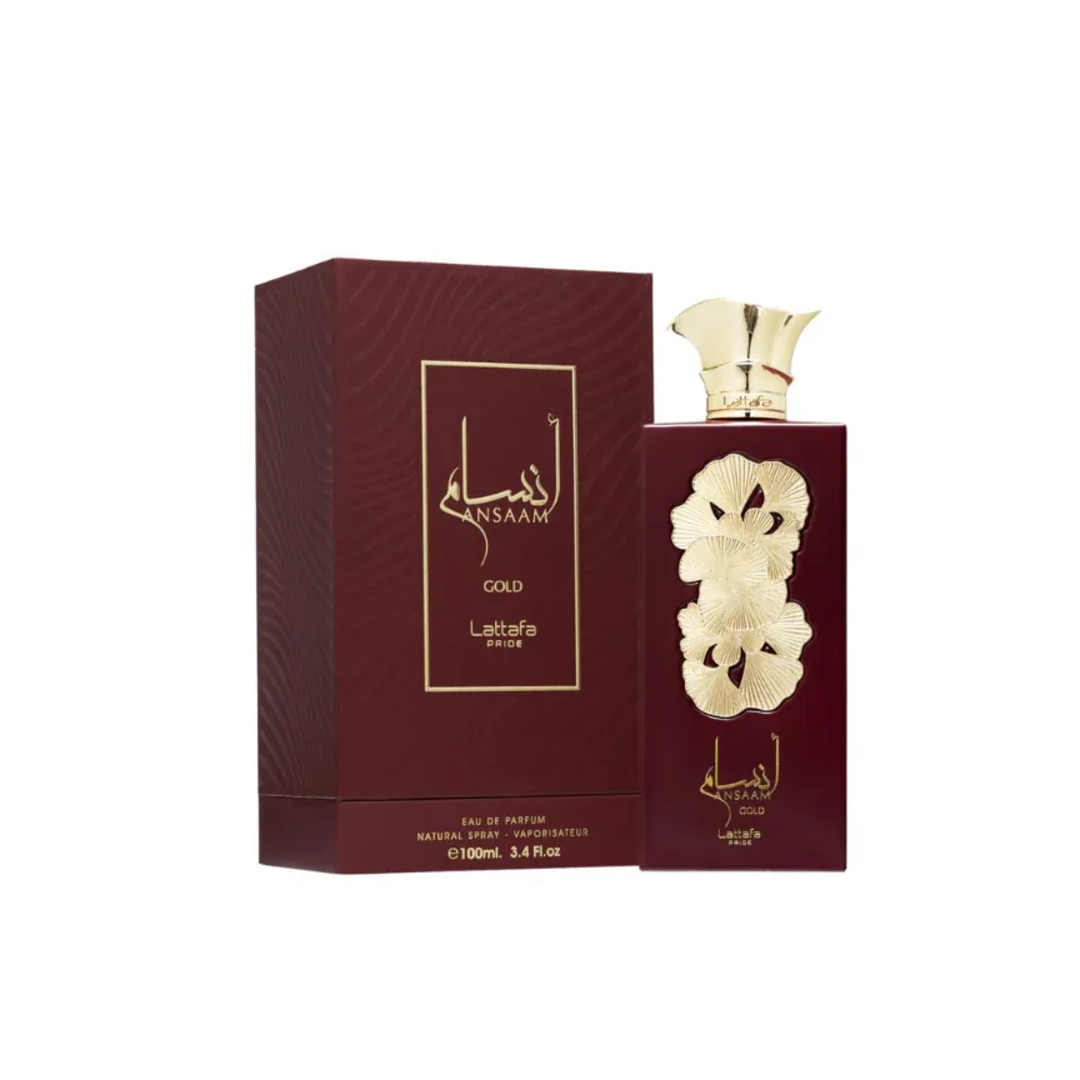 Ansaam Gold Lattafa Pride edp maroon packaging white background closeup front view