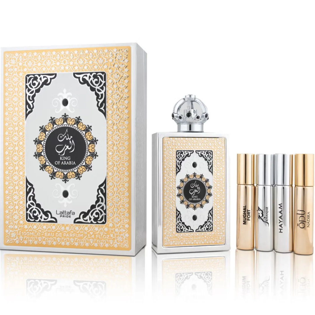 King of Arabia Lattafa Pride edp bottles white background packaging design closeup